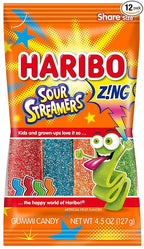 HARIBO Gummi Candy, Z!NG Sour Streamers Gummy Candy, 4.5 Ounce Share Size Bags (Pack of 12) Delicious Soft & Chewy Snacks, Assorted Fruity Flavors