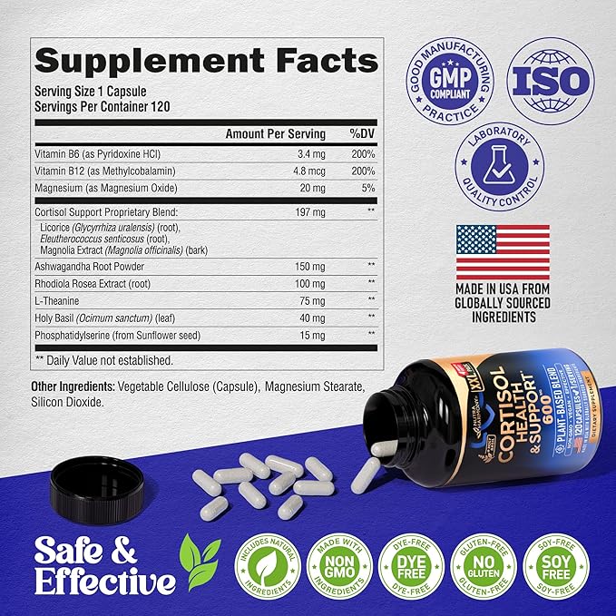 Cortisol Supplement for Women - Holy Basil | Ashwagandha | Rhodiola | L-Theanine - Plant-Based Hormone Balance - Mood, Focus & Sleep Support - Made in USA - Vegan, Non-GMO - 120 Capsules for 4 Months