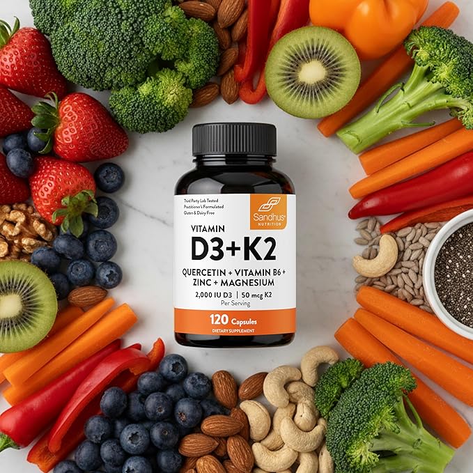 Sandhu's Vitamin D3 K2 Magnesium 2000 IU, 50mcg K2 Capsules 120 Count (Pack of 3) | with VIT B6, Zinc & Quercetin | D3K2 Supports Superior Absorption, Energy, Immune, Muscle Health for Men & Women