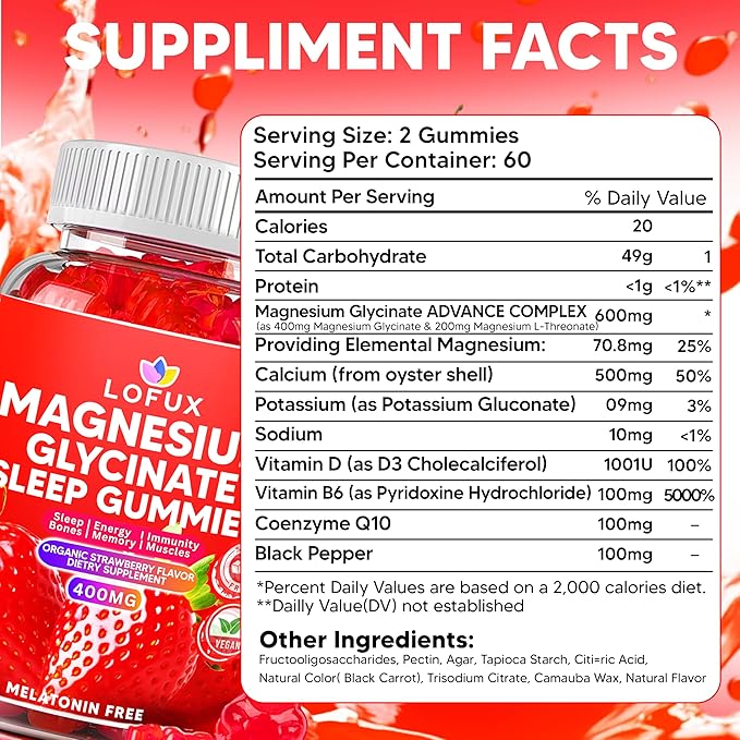 Lofux Magnesium Glycinate Gummies 400mg, Sugar Free Magnesium Gummies for Adults Women, Men, Chewable Supplement Gummy with L-Threonate, Vitamin D, B6, CoQ10 - for Calm, Sleep, Body Relaxation, 60 Ct