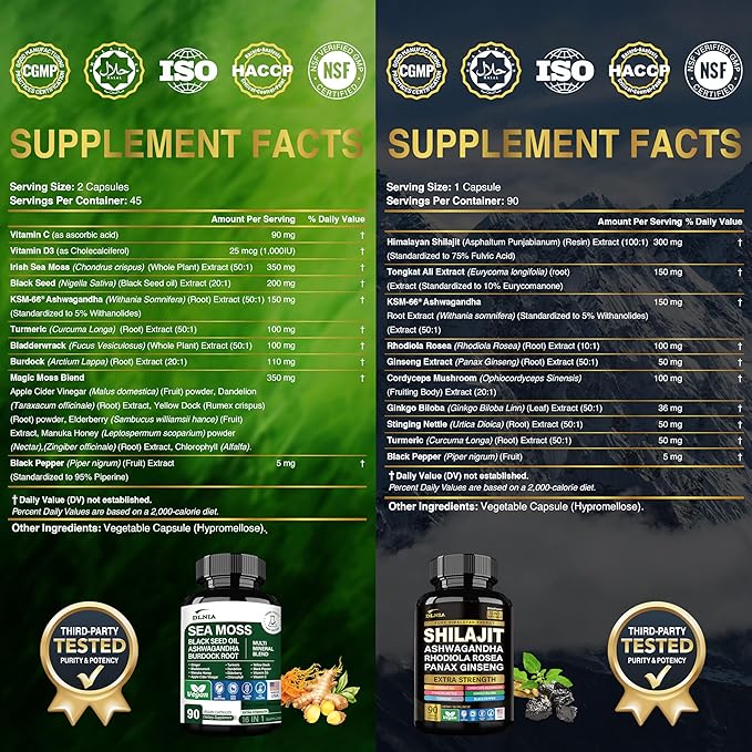 Shilajit 9000mg, Sea Moss 17500mg, Ginger & Black Seed Oil 4000mg, Ashwagandha 5000mg, Rhodiola Rosea, 1000mg Panax Ginseng 1500mg, All in 1 Supplement - Sea Moss & Shilajit Vitality Bundle