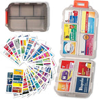 Pill Organizer with Medicine Labels Travel Daily Pill Container Mini Medication Organizer Storage Pill Organizer Travel Essentials Pill Case 7 Day (Grey & 161 Lables)