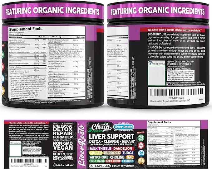 Clean Nutraceuticals Liver Cleanse Detox & Repair | Milk Thistle Supplement + NAC, TUDCA, Dandelion Root, Artichoke, Choline, Ginger, Beet Root, Burdock, Taurine, Liver Support 90 Capsules