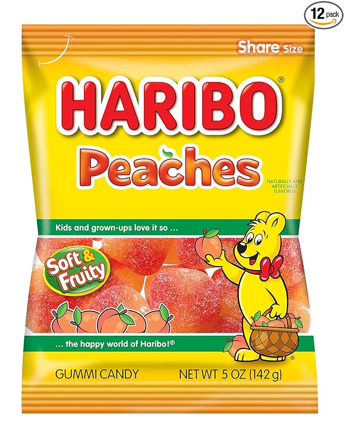 HARIBO Gummi Candy, Peaches Gummy Candy, 5 Ounce Share Size Bags (Pack of 12) Delicious Soft & Chewy Sweet Snacks, Fruity Peach Flavor