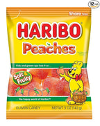 HARIBO Gummi Candy, Peaches Gummy Candy, 5 Ounce Share Size Bags (Pack of 12) Delicious Soft & Chewy Sweet Snacks, Fruity Peach Flavor