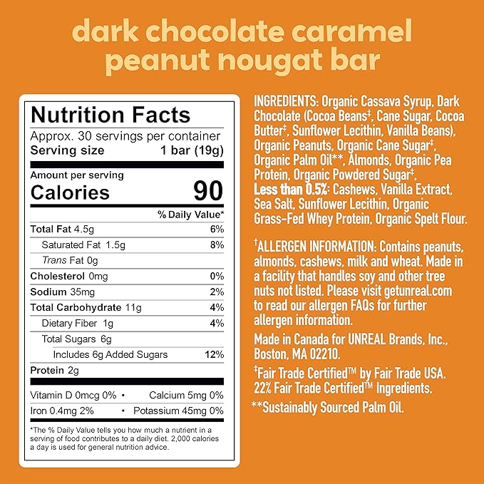 UNREAL Dark Chocolate Peanut Caramel Nougat Bars (30 Mini Bars) | 70% Organic Ingredients, Fair Trade, Non-GMO | No Corn Syrup, Sugar Alcohols, Soy | .67oz each