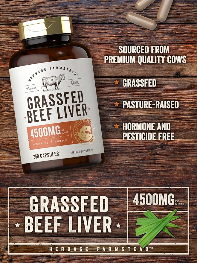 Carlyle Grass Fed Beef Liver Capsules | 4500mg | 250 Count | Desiccated Supplement | Non-GMO, Gluten Free | by Herbage Farmstead