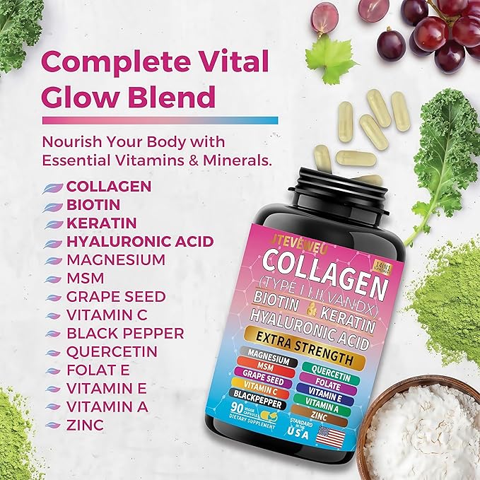 Collagen Supplement - Type I, II, III, V and X - with Biotin, Keratin, Hyaluronic Acid & 13+ Extra Strength Ingredients - （90 Capsules）