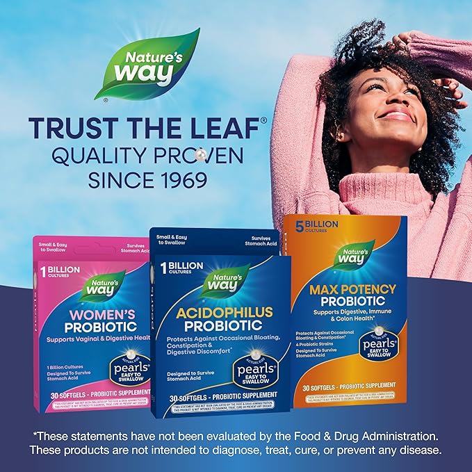 Nature's Way Pearls Acidophilus Probiotic, Supports Digestive Balance & Gut Health, Reduce Occasional Constipation and Bloating*, 1 Billion Cultures, 30 Softgels