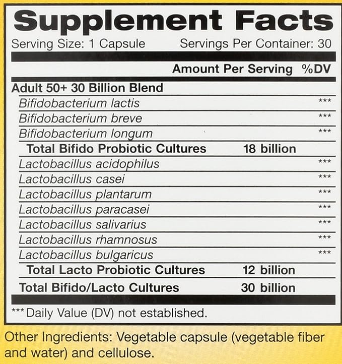 Renew Life Probiotic Adult 50 Plus Probiotic Capsules, Daily Supplement Supports Urinary, Digestive and Immune Health, L. Rhamnosus GG, Dairy, Soy and gluten-free, 30 Billion CFU, 30 Count