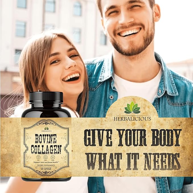 HERBALICIOUS Bovine Collagen Supplements for Men and Women | Hydrolyzed Grass-Fed Bovine Collagen Peptides | Joint, Nerve & Bone Support | Non-GMO, Anti-Aging | 100 Capsules