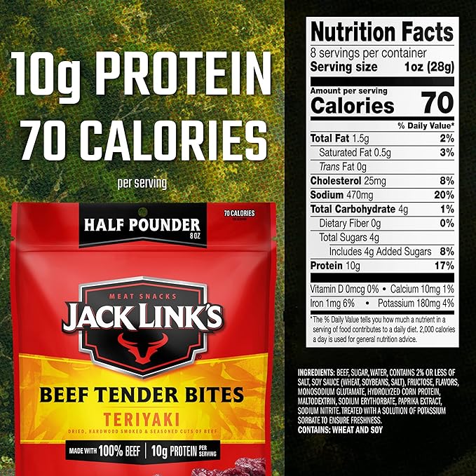 Jack Link's Beef Tender Bites, Teriyaki, Half Pounder Bag - Flavorful Meat Protein Snacks for Lunches, 10g of Protein and 70 Calories per Serving, Made with 100% Beef (Pack of 2)