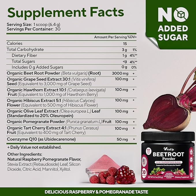 VitaUp Beet Root Powder 8 in 1 – USA Made Beets Powder Supplements with Grape Seed, Hawthorn, Coq10 – with Organic Beetroot for Energy & Circulation Support – Non-GMO, 30 Serving