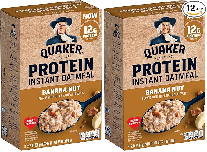 Quaker, Protein Instant Oatmeal, Banana Nut, 12.9 Oz, 6 Count (Pack of 12)