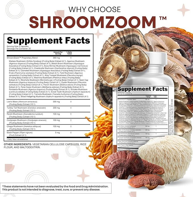 Clean Nutraceuticals Lions Mane 20in1 Mushroom Supplement with Turkey Tail Reishi Cordyceps Chaga Maitake Meshima Poria Cocos Shiitake Oyster Porcini Enoki - 2Pack