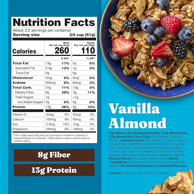 Catalina Crunch Protein Granola - Low Sugar Breakfast Cereal with 13g of Protein - Gluten Free, Keto Friendly - Vanilla Almond - 8 oz. Bag (Pack of 1)