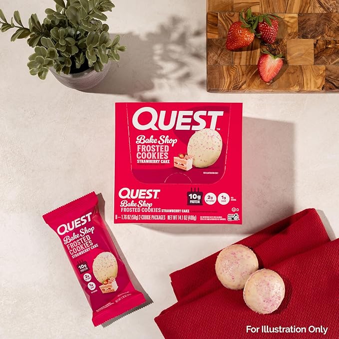 Quest Nutrition Frosted Cookies Twin Pack, Strawberry Cake, 1g Sugar, 10g Protein, 2g Net Carbs, Gluten Free, 16 Cookies, (Pack of 2)