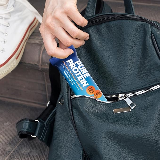 Pure Protein Chocolate Peanut Caramel Protein Bars – 20g Protein, 3g Sugar, 190 Calories (12 count) Low Sugar* High Protein Snack - Gluten Free - Perfect for a Healthy Snack