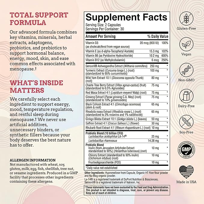 Total Menopause Formula 17-in-1 Support Supplement for Women with Ashwagandha, Black Cohosh, Maca, Probiotics, Vitamins D3, B6, B12 for Balance, Vitality & Mental Clarity | 60 Capsules