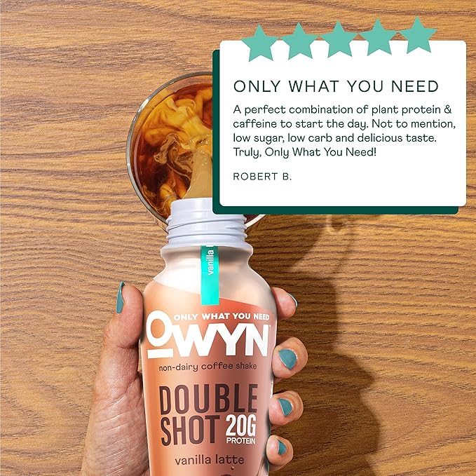 OWYN Only What You Need Double Shot Mocha Latte, Vanilla Latte and Caramel Macchiato Flavored Protein Shake, 20g Protein, 0g Sugar, 3g Fiber, 180mg Caffeine, Dairy Free, Plant Based Protein, 12 CT